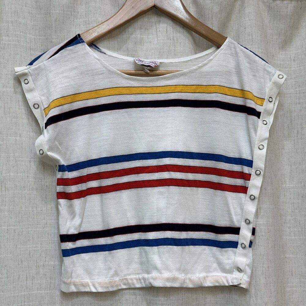 Liberation Retro Striped Crop Tee with Snap Sides – Size Large 90s Vibe